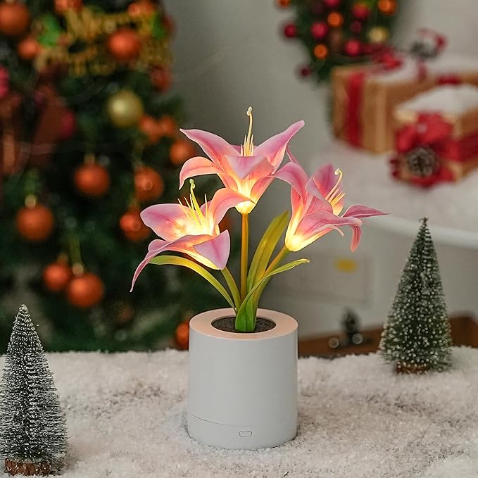 WSYEAR Pink Morning Glory Flowers Table Lamp, Charging Dimmable Cordless Artificial Flower Night Light, Bedroom Office Decor Night Light, Christmas Birthday Gifts for Women Mom