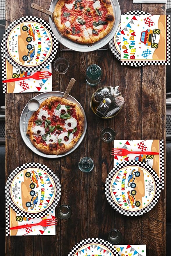 72Pcs Racing Car Party Plates and Napkins Monster Truck Birthday Party Supplies Disposable Checkered Race Tableware Set for Boys Birthday Wheel Sports Baby Shower Decorations Serves 24