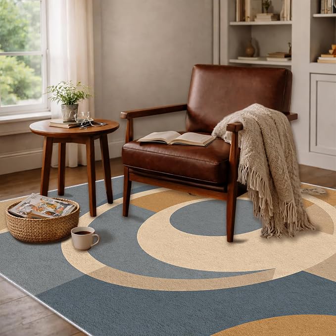 Mid Century Area Rug 6x8, Home Decor | Dusty Blue Camel Mod Orbit, Modern Abstract Circle Rug for Living Room, Bedroom, Home Office, Non Slip, Washable, Low Pile