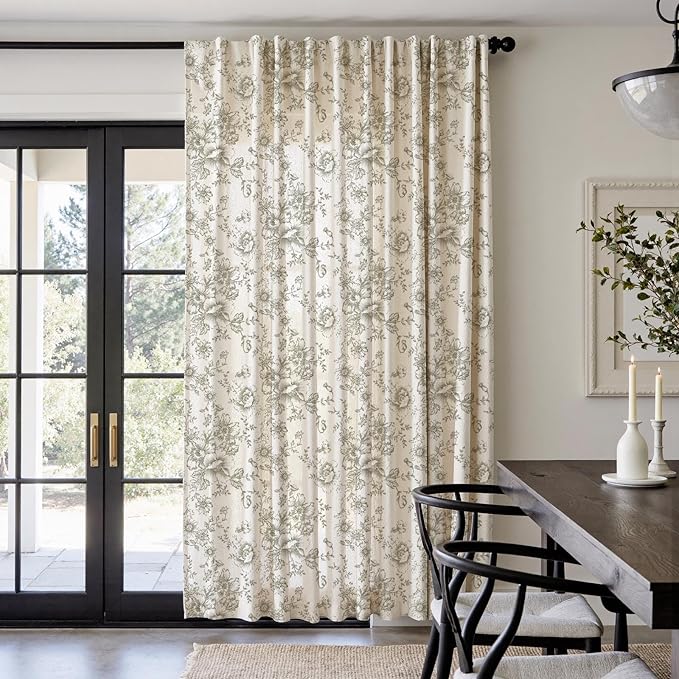 jinachan Linen Floral Curtains Extra Wide for Patio Sliding Glass Door Room Divider Curtain for Living Room Christmas Drapes 90 Inch Length Farmhouse Peony Green Printed Curtain Set 1 Panel