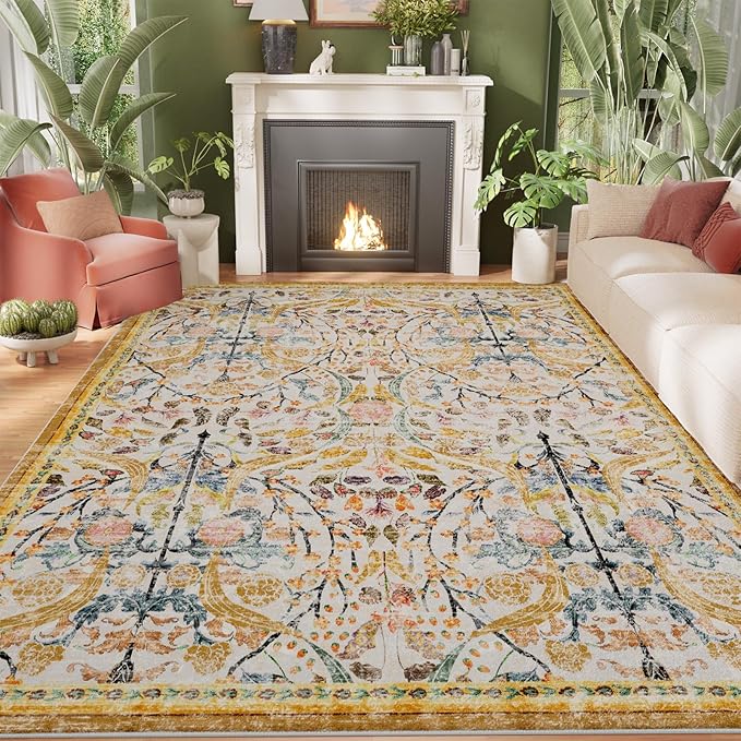 AMTOVO 8x10 Washable Area Rugs for Living Room, Non-Slip&Non-Shedding Large Soft Boho Floral Vintage Print Carpet for Bedroom Dining Room Farmhouse Nursery Kids Room Home Office, Golden Yellow