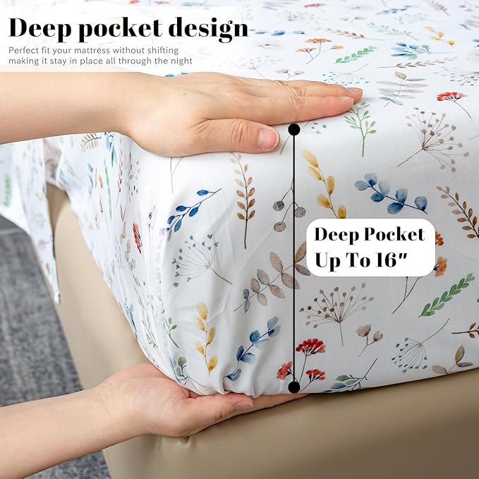 Bedlifes Twin Sheet Set Ultra Soft, Breathable, Silky Flower Deep Pocket 100% Microfiber Bedding, 3 Piece Twin Size White Floral