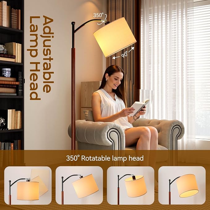 Arc Floor Lamp, Corner Mid Century Modern Floor Lamp, Standing Lamp with Adjustable Hanging Lampshade and Marble Base, Floor Lamps for Living Room, Bedroom, Office, Walnut Brown