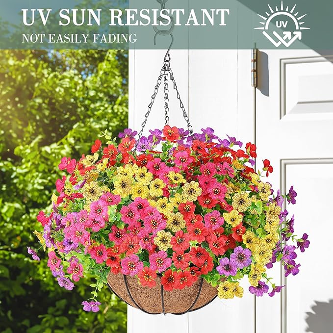 AGIRL Artificial Flowers Hanging Plants in Basket,Artificial Hanging Flowers for Outdoor Indoor Decor,UV Resistant Hanging Baskets with Fake Flowers for Patio Garden Porch Deck Decoration