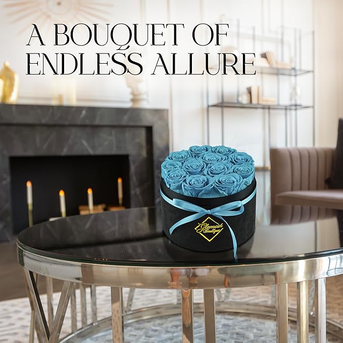 GLAMOUR BOUTIQUE Flowers Forever Gift Box 12 Real Preserved Roses in a Velvet Box, Birthday for Her Mom and Wife, Mothers Day, Anniversary, Graduation - Teal