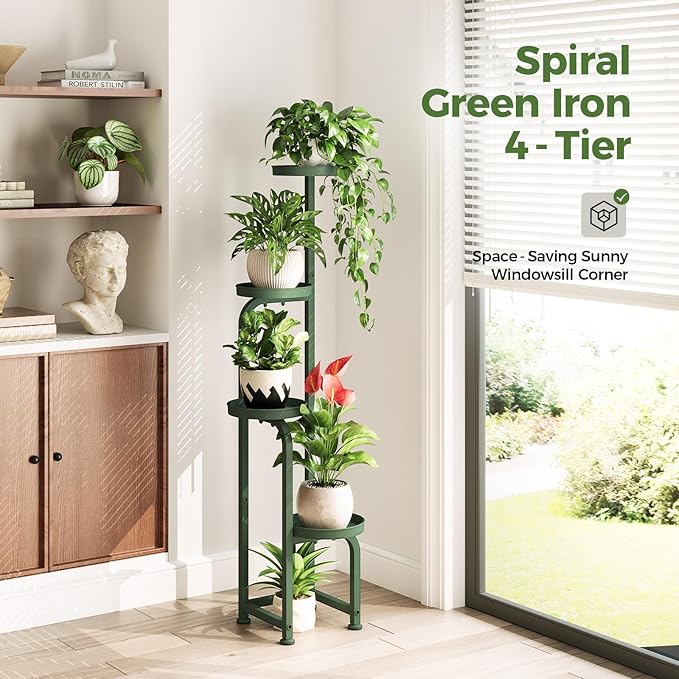 Bamworld Corner Plant Stand Indoor Outdoor, Tall Metal Flower Pot Stands for Multiple Plants, 4 Tier Dark Green Heavy Duty Plant Shelf for Patio Garden Balcony Living Room Bedroom(Patent Design)