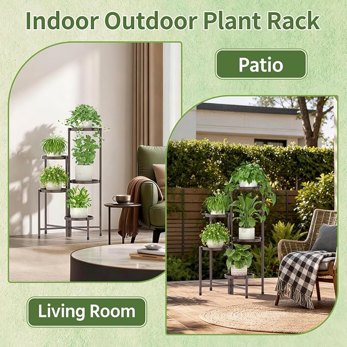 LASZOLA 5 Tier Large Plant Stand Indoor Tall with 10 Inch Metal Tray, Corner Folding Flower Display Rack, Modern Plant Holder Shelf for Outdoor Patio Porch Garden Office Living Room, Bronze