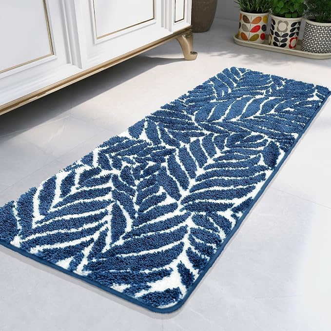Blue Bathroom Runner Rug - Blue Long Bath Mat Tropical Leaf Bath Rugs Non Slip Washable Bathrug for Bathroom Floor, Cute Restroom Rug, Plant Absorbent Bathmat Botanical Home Decor 18" x 47"