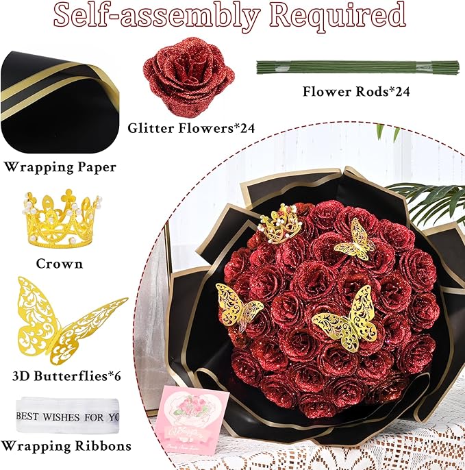 Waipfaru 24 Pcs Glitter Roses Bouquet, DIY Fake Flowers Bouquet, Artificial Red Rose Bouquet for Valentines, Anniversary, Engagement, Wedding