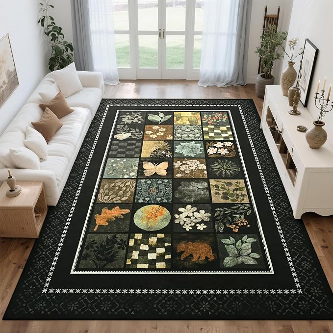 Tepook 6x9 Area Rugs for Living Room, Modern Large Geometric Rug for Bedroom, Washable Patchwork Rug Indoor Non Slip Throw Carpets for Dining Room Office Farmhouse Home Decor, Black