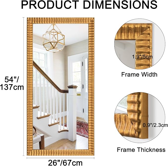 Chende 26" x 54" Large Wall Mirror for Decor, Gold Decorative Mirror with Wave Carved Wood Frame, Decoration for Dining Room, Bedroom, Hallway, Wall Mounted Wood Mirror