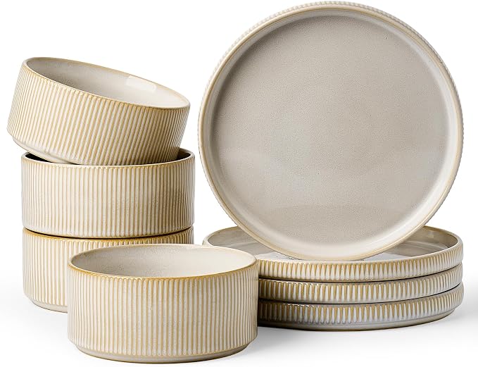 8-Piece Plates and Bowls Sets for 4, Cappuccino White | Handcrafted reactive glaze stoneware dinnerware. Chip & scratch resistant. Microwave & dishwasher safe. Everyday/formal use.