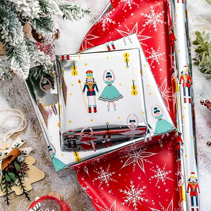 MAYPLUSS Christmas Wrapping Paper Roll - 17IN X 33FT - Nutcracker Gift Wrapping Paper Featuring Ballet Guitar Gold Star Reversible Snowflake for Kids, Holiday, New Year