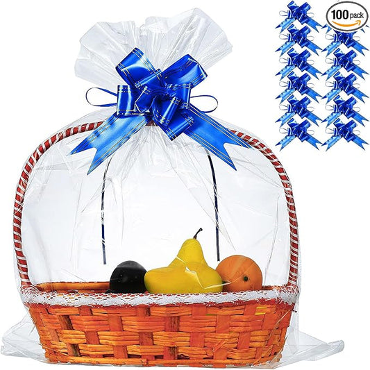 100 Packs 32 x 40 Inches Extra-large Cellophane Bags for Basket Jumbo Clear Cellophane Wraps Clear Huge Transparent Cello Bags for Baskets, Gifts, Christmas Trees, Treats, Arts and Crafts, 100ct Blue Ribbon Bows