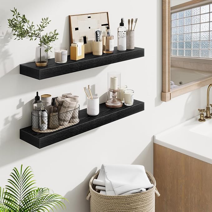 Fun Memories Floating Shelves 30 Inch, Wall Mounted Wood Shelf Set of 2, Farmhouse Decor for Bathroom, Bedroom, Kitchen, Living Room, Black