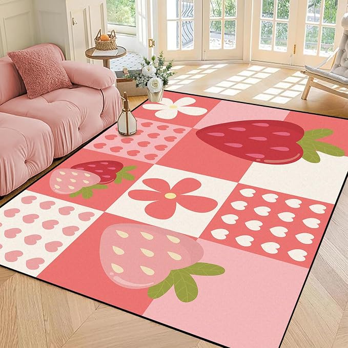 Strawberry Checkered Rug Cute Red Area Rug Love Flower Washable Carpet for Bedroom Living Room Nursery Kitchen Playroom Home Decor Soft Non Slip Floor Mat，6'x9'