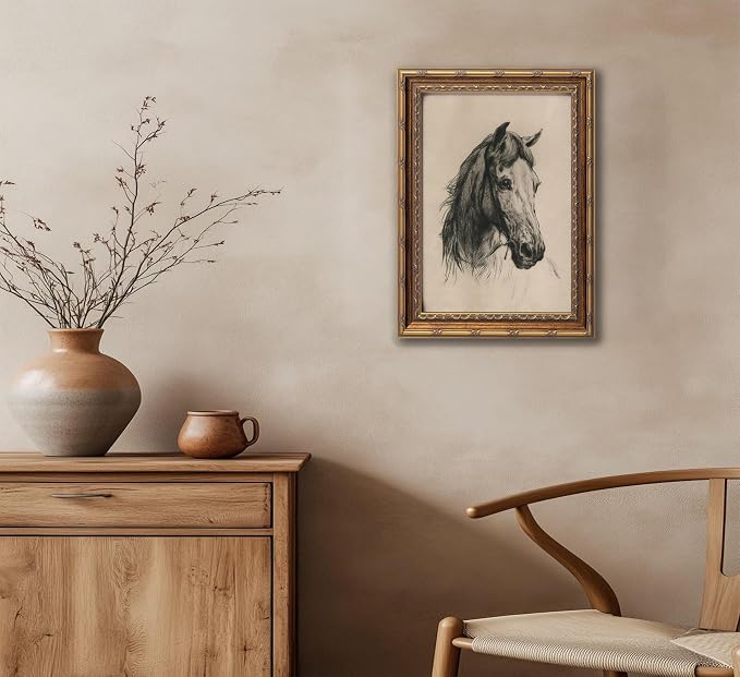 Vintage Gold Framed Horse Sketch Canvas Wall Art Retro Horse Wall Decor Vintage Farmhouse Animals Sketch Print Artwork Retro Rustic painting Picture for Farmhouse Bedroom Living Room 9X11in