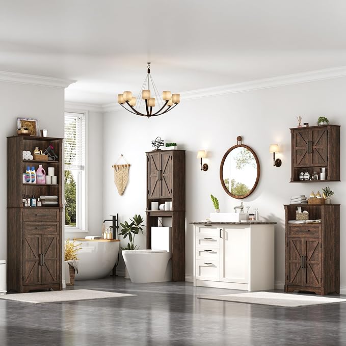 jiteentarou Farmhouse Bathroom Storage Cabinet,Over The Toilet Storage Cabinet with Roman Column Decor,Tall Over The Toilet Shelf with Barn Doors,Over Toilet Bathroom Organizer(Rustic Brown)