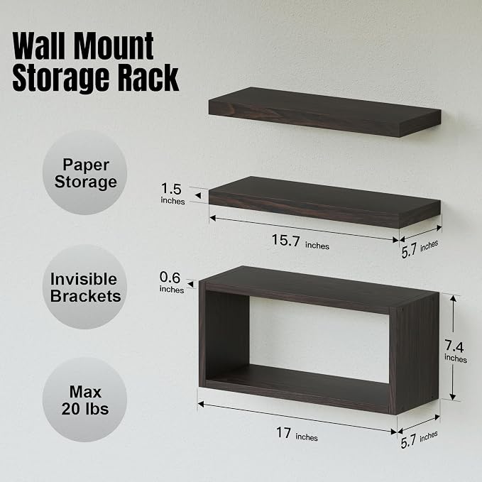 RICHER HOUSE Floating Shelves Set of 3, Modern Bathroom Shelves Wall Mounted Shelves with Invisible Brackets Over Toilet, Rustic Wall Shelves for Bathroom Bedroom, Living Room, Kitchen - Walnut