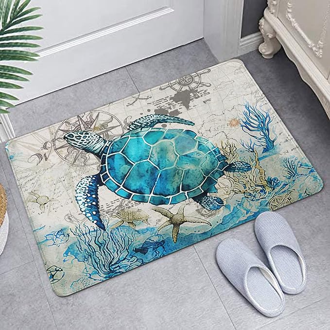 Britimes Bath Mat for Bathroom, Blue Turtle Washable Cover Floor Rug Carpets Floor Mat Bathroom Decorations 20x32 Inches for Kitchen Bedroom Indoor