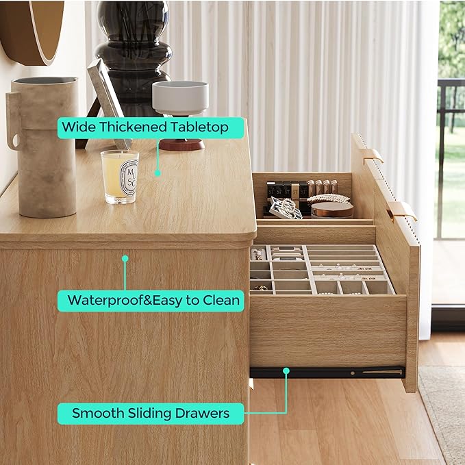 LINSY Fluted Dresser for Bedroom with 8 Drawers, Mid Century Modern Chest of Drawers with Gold Metal Handles, Wide Boho Wood Dressers, Large Farmhouse Storage Cabinet for Bedroom, Living Room, Oak