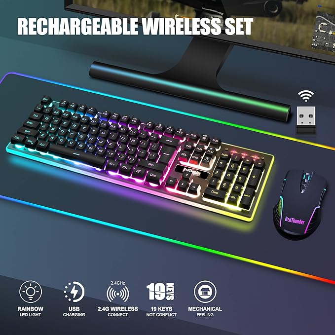 RedThunder K10 Wireless Gaming Keyboard and Mouse Combo, RGB Backlight Rechargeable 3800mAh Battery, 26-Key Anti-ghosting Keyboard + 7D 3200DPI Mice for PC Gamer