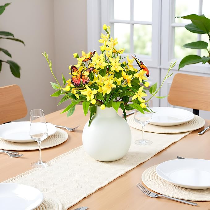 HOSY Artificial Freesia Bouquet in Ivory Ceramic Vase, Silk Flower and Butterfly Arrangements for Table Centerpiece Decoration (Freesia)