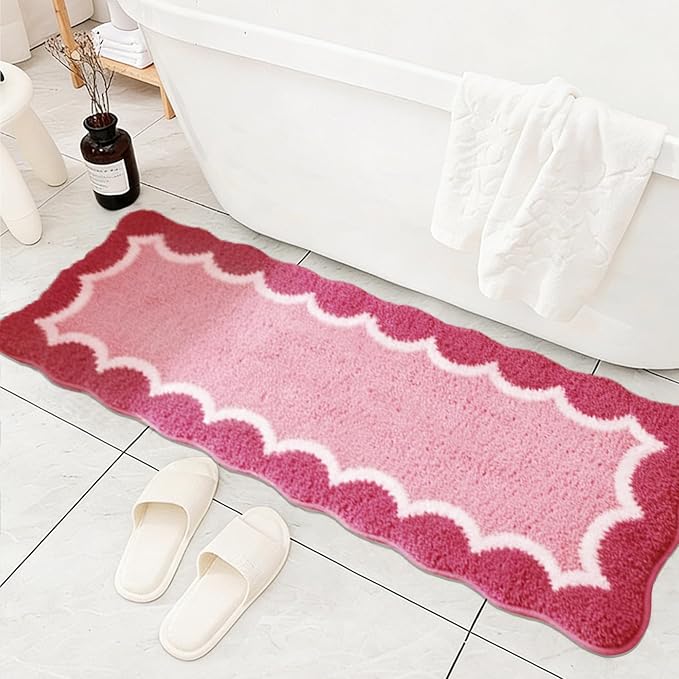 Cute Scalloped Rose Pink Bathroom Rugs Mat,Non Slip Absorbent Quick Dry Bath Mats for Shower Room,Microfiber Bath Mats for Bathroom Floor Washable Carpet for Shower Tub Sink Bedroom,17"x47"