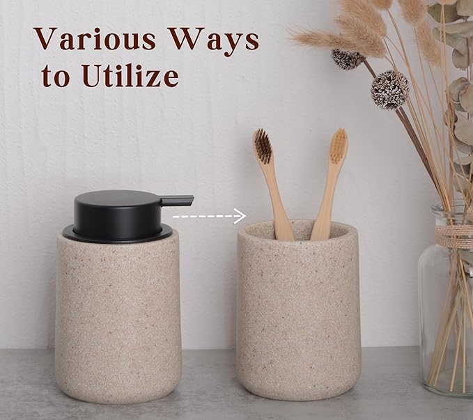 Clasin Home Resin Hand Soap Dispenser Easy-to-Press Liquid Pump, Refillable Soap Dispenser with Sandstone Like Finish, Waterproof Bottle Labels for Bathroom Kitchen Dish Lotion (Beige,10 oz)