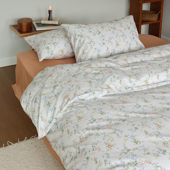 EAVD Vintage Style Garden Floral Duvet Cover Full Soft Cotton Chic Shabby Floral Pattern Bedding Set with 2 Pillowcases Fresh Botanical Comforter Cover with Zipper Closure