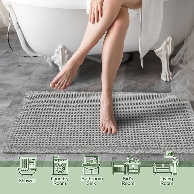 ZALL Grey Waffle Bath Mat,Super Absorbent Non Slip Bathroom Rug,Gray 18x30inch,Machine Washable Ultra Soft Floor Mats