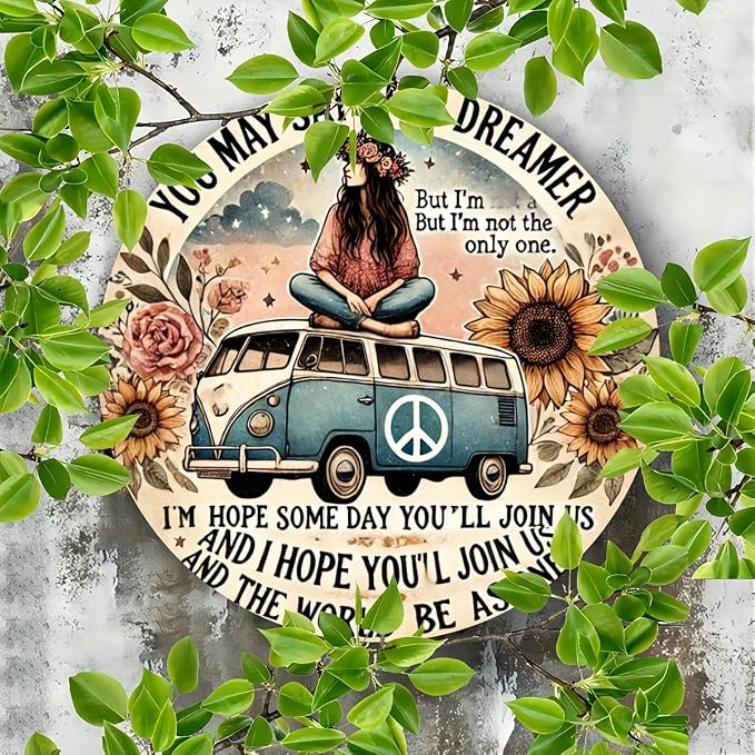 Hippie Van Round Aluminum Sign "Dreamer" Quote Wall Art Decor, Retro Floral Peace Bus Home Decoration, Funny Tin Plaque for Kitchen, Restaurant,Garage - 1 Piece Vintage Engraved7.98x7.98 Inch