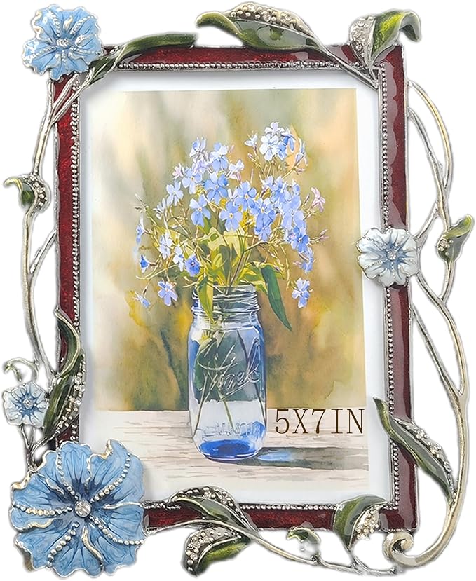 Vintage Floral Picture Frames Luxury Unique Ornate Antique Metal Photo Frame of HD Glass for Tabletop/Wall Display Gifts for Women (Blue Flowers, 5X7)