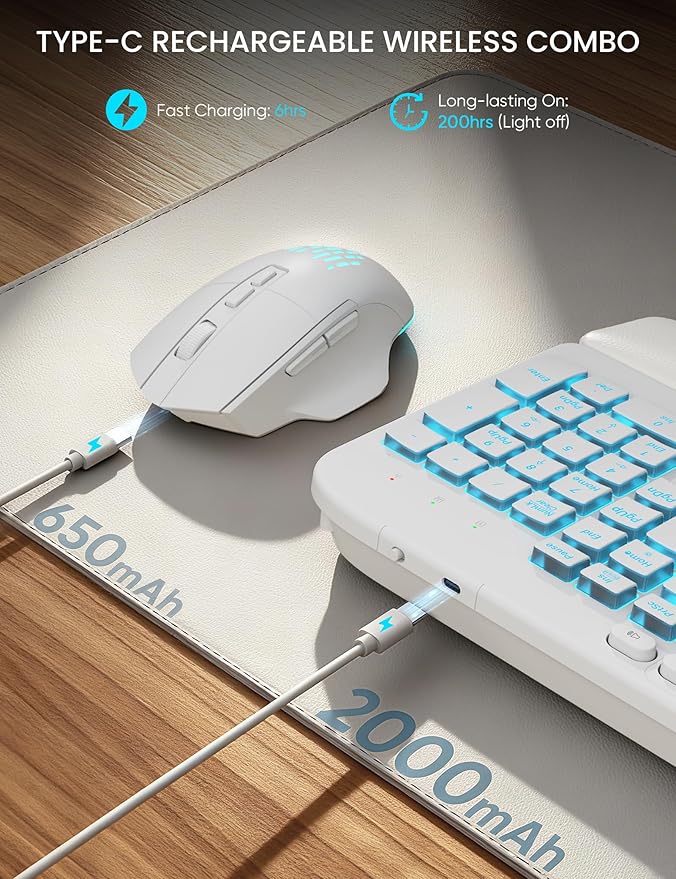 SABLUTE Wireless Keyboard and Mouse Combo - Ergonomic Wave Keyboard with Soft Leather Wrist Rest, Phone Holder, Rechargeable, RGB Backlit Mouse, Full-Size Set for Windows/Mac/Computer (White)
