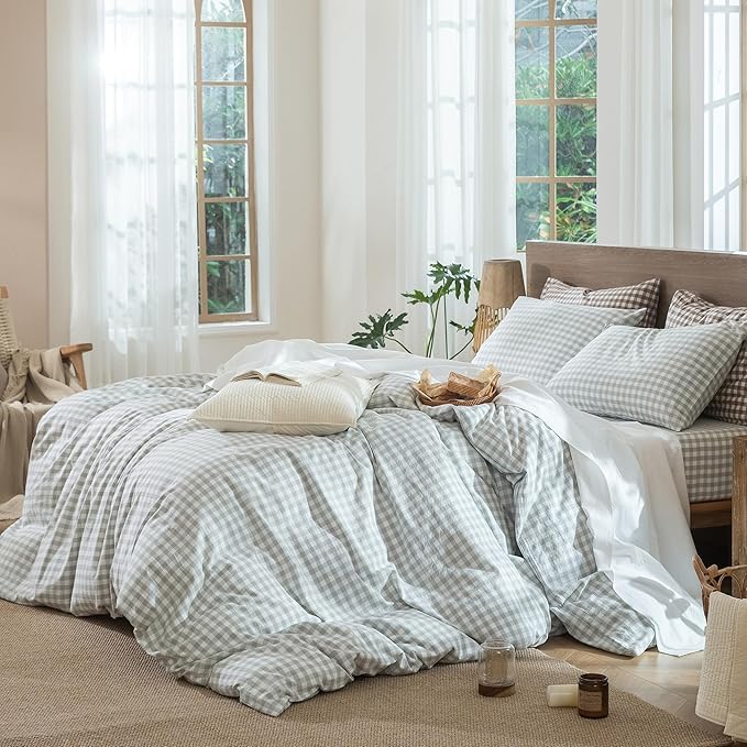 MooMee Gingham Duvet Cover Set 100% Washed Cotton Linen Like Textured Breathable Durable Soft Comfy Modern Checkered Design (Northern Droplet Grey Gingham, Cal King 104"x98")