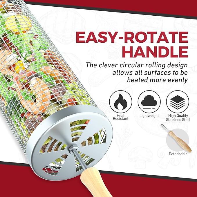Rolling Grill Basket(2PCS), Removable Wooden Handle, 304 Stainless Steel, Grilling Accessories Tools for Vegetables Meat Food, Outdoor Camping Grilling, Birthday Gifts for Men Husband Men