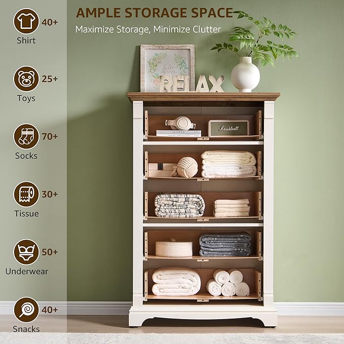 T4TREAM Farmhouse 5 Drawer Dresser for Bedroom, 47" Tall Wood Dresser with Ample Storage Space and Rustic Charm, Antique White