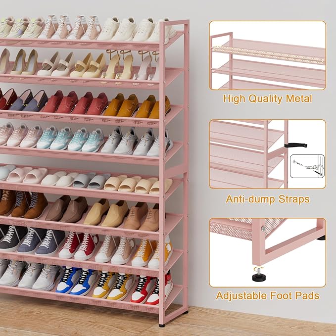 NEYCIL Large Shoe Rack 8 Tier Shoe Organizer, Heavy Duty Metal 4-Tier Stackable Shoe Storage Vertical Shoe Rack for Closet Front Door Entrance, Up to 50 Pairs, 44.8" W x 11.4" D x 56.7" H, Pink