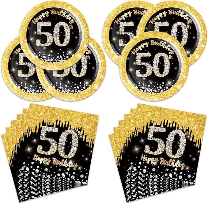 40Pcs 50th Birthday Decorations Black and Gold Cheers to 50 Years Plates and Napkins Sets Party Supplies for 20 Guests 50th Birthday Decorations Men Women