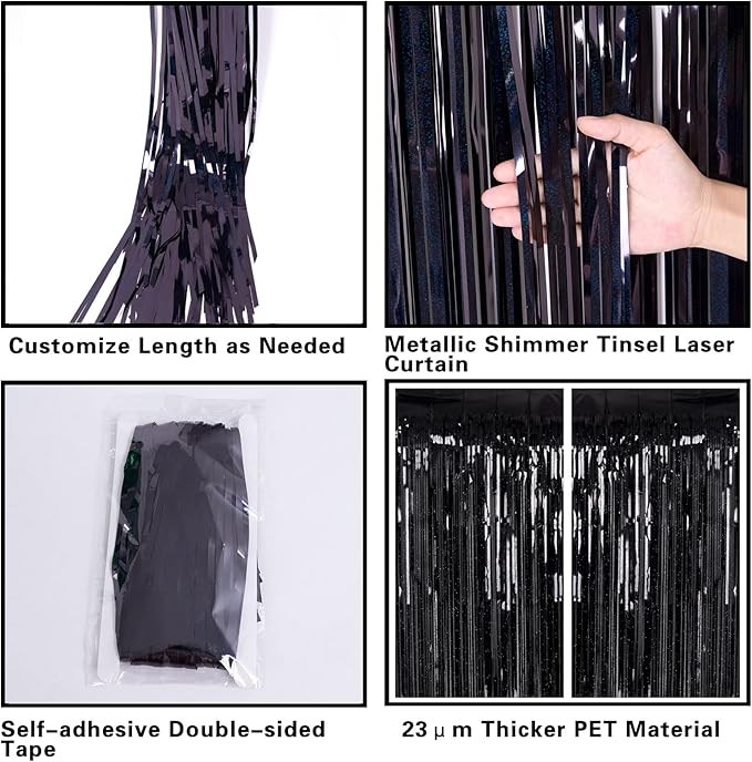 2 Pack 3.2ft x 8.2ft Black Tinsel Foil Fringe Curtain, Sparkle Metallic Foil Backdrop for Party Photo Booth Props New Years Eve Birthday Bridal Shower Bachelorette Holiday Decorations Supplies