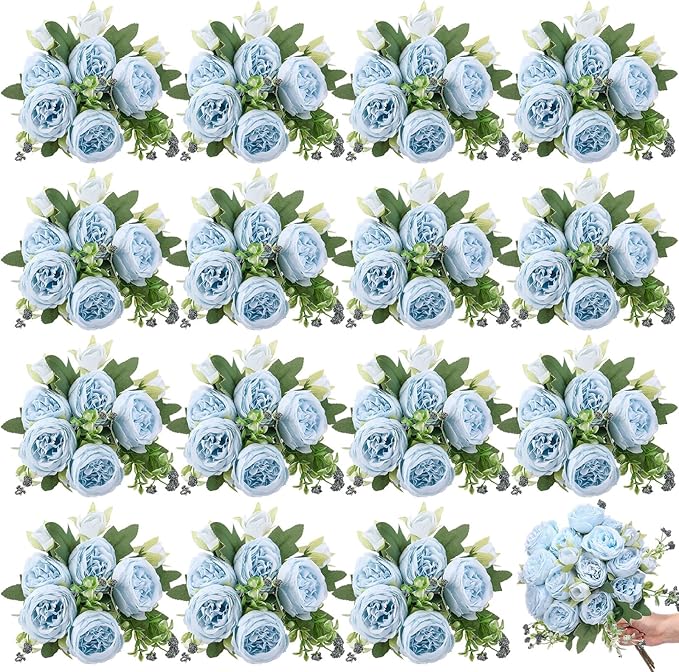 16 Bundles Artificial Peonies Silk Peonies Faux Flower Bouquet Fake Peony Flower Arrangements Table Centerpieces for Vase Wedding Party Boho Home Office Decoration Bulk (Blue)