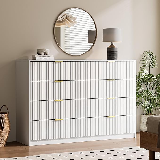 White Dresser for Bedroom, 8 Drawer Double Dresser, Modern Chest of Drawers for Bedroom, Living Room, Entryway and Closet, 55" L x 15.7" D x 37.4" H