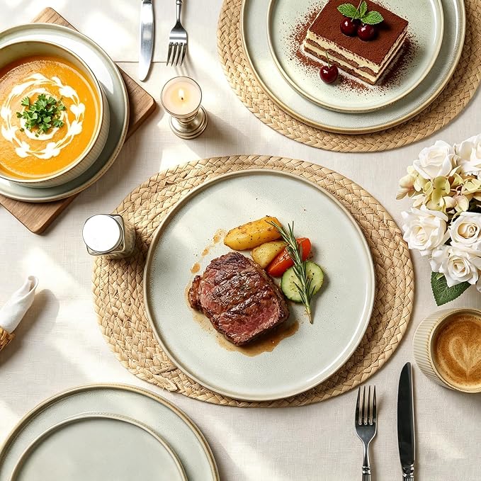 MONITO Ceramic Dinnerware Sets for 6, 18PCS Stoneware Plates and Bowls Sets, Reactive Glaze Dish Set, Chip and Scratch Resistant Double, Microwave and Dishwasher Safe, Beige