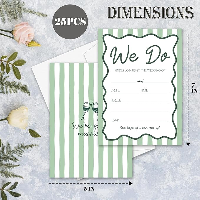 Green Stripe Wedding Invitations, 5"x 7" Cheers & Tears Wedding Invites Card With Envelopes, 25 PCS for Party Decorations and Supplies - A05