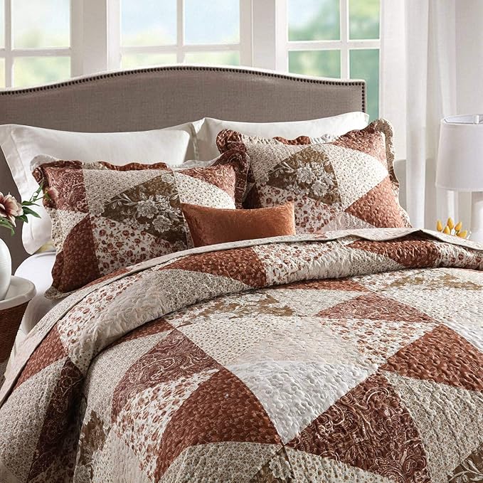 HoneiLife Quilt Set King Size - 3 Piece Microfiber Quilts Reversible Bedspreads Patchwork Coverlets Floral Bedding Set All Season Quilts with Triangle and Floral Print Pattern