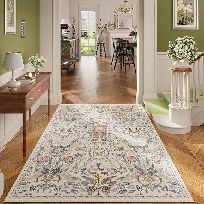 AMTOVO 5x7 Washable Area Rugs for Living Room, Vintage Boho Floral Distressed Print Non-Slip Carpet, Soft Colorful Accent Rug for Bedroom Dining Room Playroom Nursery Farmhouse Girls Room, Beige