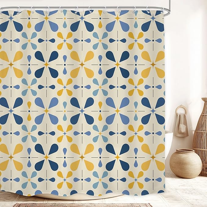 Blue Boho Mid Century Shower Curtain Bathroom Set 71Wx71H Inches Retro Navy Yellow Modern Abstract Vintage Colourful Geometric Bath Accessories Water Drop Art Home Decor Fabric 12 Pack Hooks