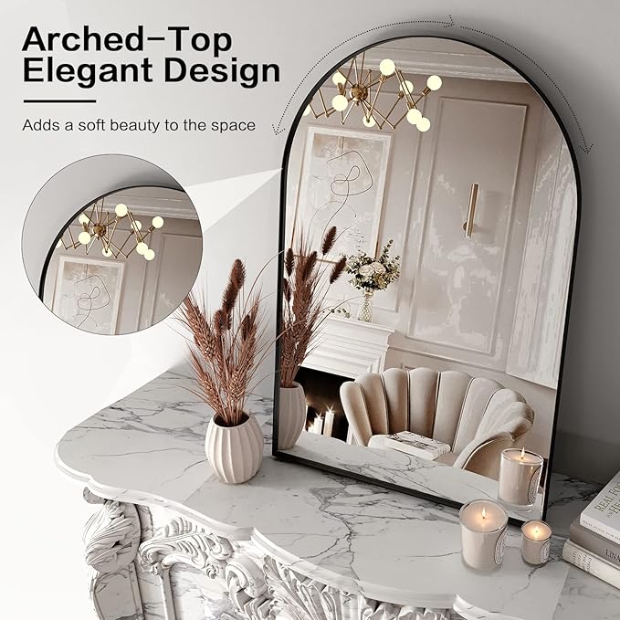 Brightify Arched Mirror, Arched Wall Mirror, 24 x 36 Inch Black Arch Mirror, Metal Frame Black Bathroom Mirror, Arched Top Bathroom Vanity Mirror for Living Room Bedroom Mantel Entryway Hallways