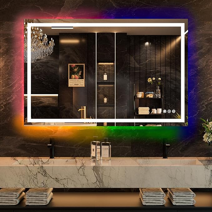 WTTY LED Bathroom Mirror 55"x36" with RGB Backlit and Front Light,Stepless Dimmable LED Mirror for Bathroom,Colored Lighted Bathroom Vanity Mirror,Anti-Fog,Memory Function,Shatter-Proof