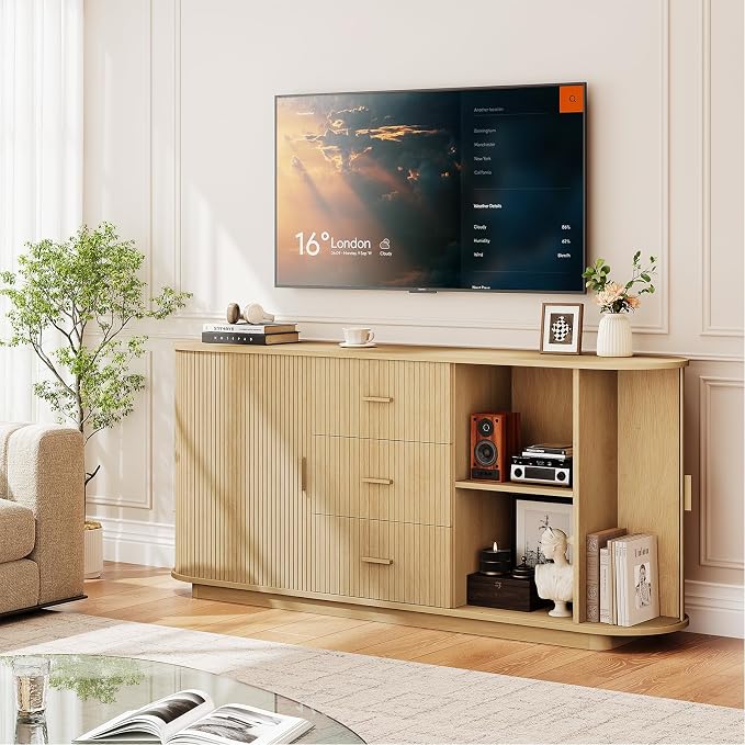 ONBRILL 63" Fluted Sideboard Buffet Cabinet with 3 Drawers & 2 Doors, Mid-Century Modern Buffet Sideboard Cabinet with Storage, Coffee Bar Table with Adjustable Shelf for Kitchen, Living Room, Oak